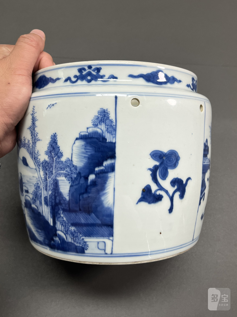 清康熙 青花山水人物图粥罐 - 图8